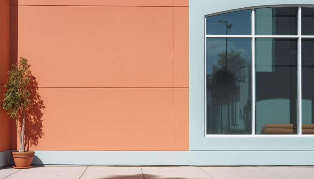 A closeup of a commercial building wall and window