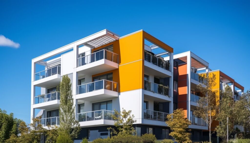 A modern residential strata building with fresh paint
