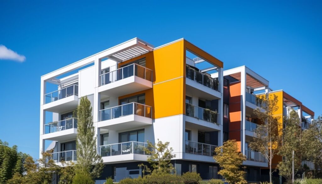 a modern residential strata building with fresh paint